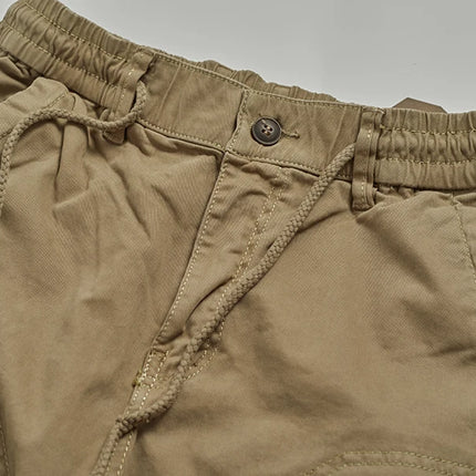 Autumn New American Retro Woven Cargo Pants Men's 97.5% Cotton Washed Elastic Waist Drawstring Loose Casual Anke-tied Trousers