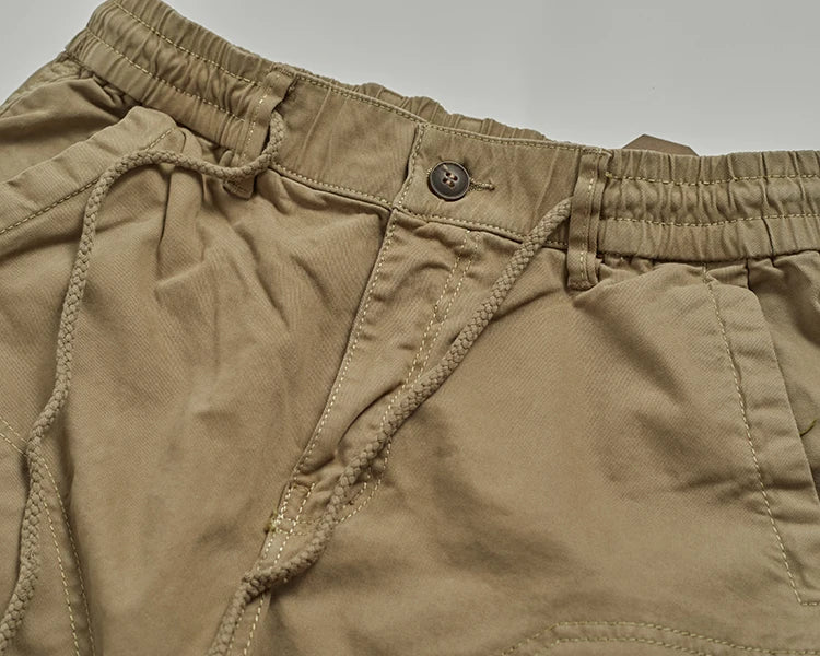 Autumn New American Retro Woven Cargo Pants Men's 97.5% Cotton Washed Elastic Waist Drawstring Loose Casual Anke-tied Trousers