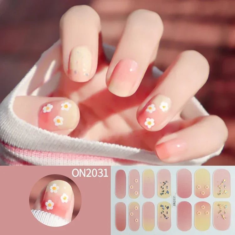 14Tips 3D Flowers Gradient Color Adhesive UV Gel Nail Stickers Fashionable Marble Pattern Nail Wraps DIY Manicure Arts Decals