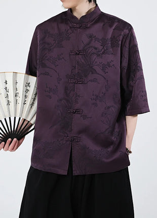 Camicie cinesi Camicia retrò in seta di ghiaccio con motivo floreale scuro Tradizionale Kung Fu Tai Chi Casual Loose Fit Top da uomo traspirante estivo