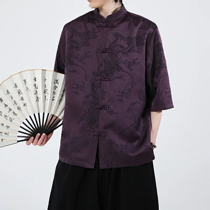 Camicie cinesi Camicia retrò in seta di ghiaccio con motivo floreale scuro Tradizionale Kung Fu Tai Chi Casual Loose Fit Top da uomo traspirante estivo