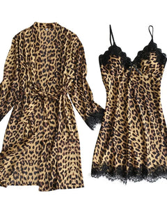 Set chemise di lusso in raso e pizzo con stampa leopardata - Indumenti da notte sexy in due pezzi con vestaglia abbinata