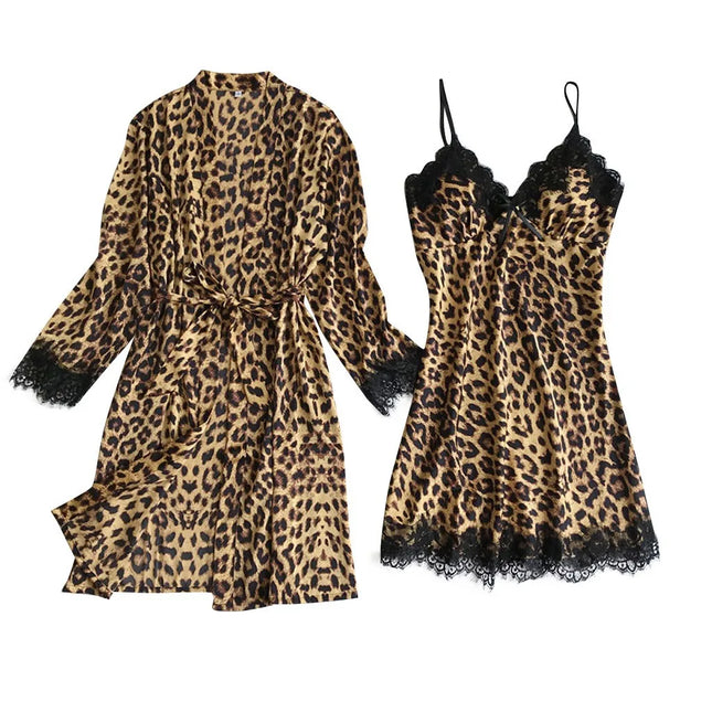 Luxury Satin and Lace Leopard Print Chemise Set - Two-Piece Sexy Nightwear with Matching Robe