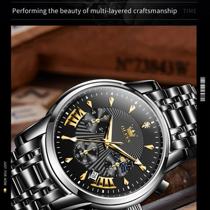 OLEVS Orologi al quarzo da uomo Orologi di marca in acciaio inossidabile Orologio sportivo impermeabile per uomo Cronografo con fasi lunari platinumshop