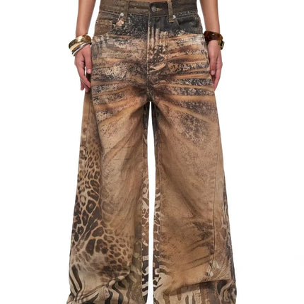 Jeans Larghi da Donna Stile Retrò Americano Y2K 2026 con Stampa Leopardata 3D, Pantaloni a Gamba Larga Vestibilità Comoda