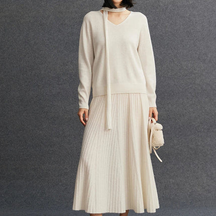 TLOML Luxury Women's 100% Cashmere Skirt Pleated Mid-Calf Skirt Autumn Winter Office Lady Grace Style Skirt Cashmere Knitwear PlatiNum