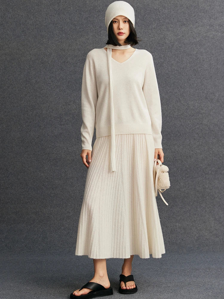 TLOML Luxury Women's 100% Cashmere Skirt Pleated Mid-Calf Skirt Autumn Winter Office Lady Grace Style Skirt Cashmere Knitwear PlatiNum