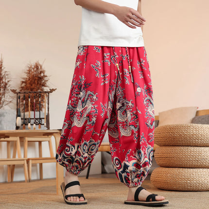 Vendite calde Pantaloni da uomo in cotone comodi pantaloni da spiaggia larghi stampa casual Harem elegante abbigliamento estivo pantaloni larghi giapponesi sottili