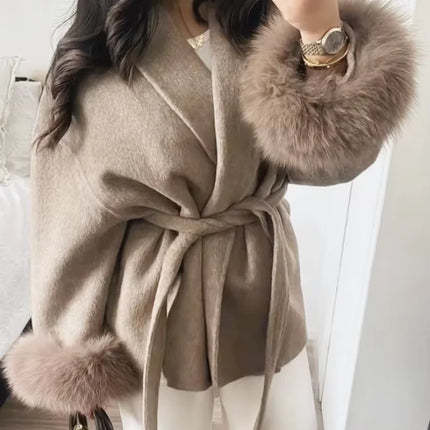 Women Grey Fur Splicing Woolen Coat Casual Belt Full Sleeve Lapel Loose Cardigan Outwear 2025 Lady Winter New Highstreet Jacket