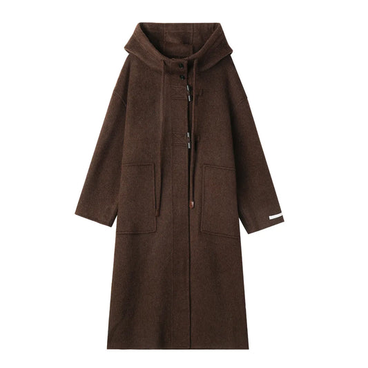Women's Retro Maillard Color Wool Blend Hooded Coat Women Winter Mid Long Drawstring Trench Coat A Chic And Elegant Outerwear