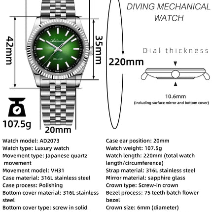 ADDIESDIVE Watch For Men Sapphire Glass Luminous 10Bar Diving Jubilee Strap 316L Stainless Steel VH31 Movement Quartz Watch