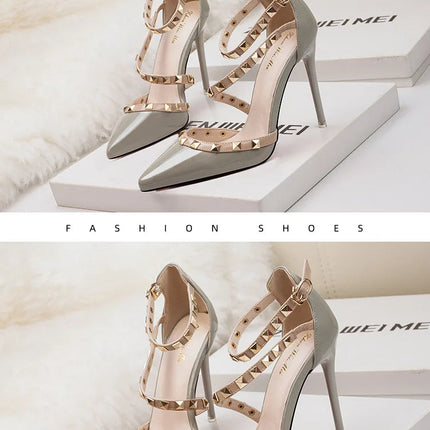 Scarpe tacco alto da donna estive in Europa e America Moda punta a punta bocca superficiale rivetto scava fuori sandali a spillo da discoteca platinumshop