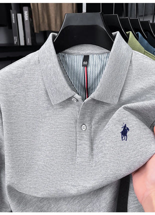 Polo à manches longues de marque haut de gamme 100 % coton, nouveau t-shirt décontracté à revers pour homme d'affaires, confort de luxe avec broderie Paul poney