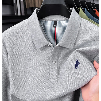 High-end branded long-sleeved polo shirt, 100% cotton, new business men's leisure lapel t-shirt, luxury comfort with Paul pony embroidery