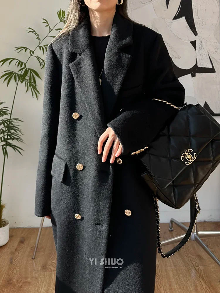 High-end Thick Double-sided Wool Coat Female Fashion Long  Autumn Winter Lapel Double Breasted Wool Coat Women Loose Outerwear