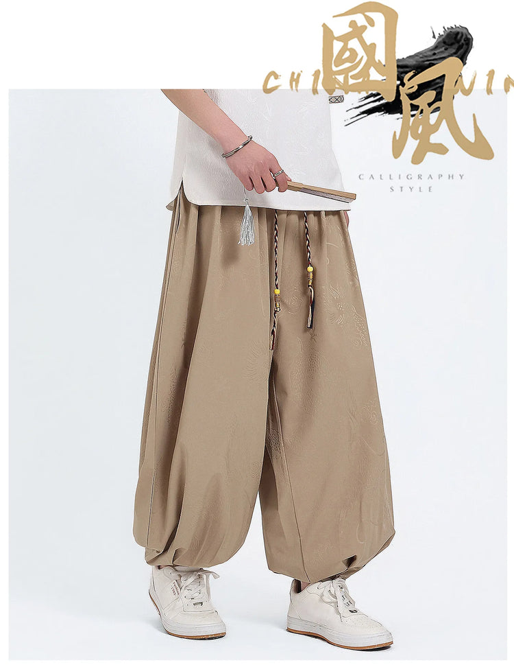 Pantaloni Estivi da Uomo Stile Cinese in Seta Ghiaccio con Motivo Drago Ukiyo-e, Comodi e Trendy, Pantaloni Casual Oversize da Uomo