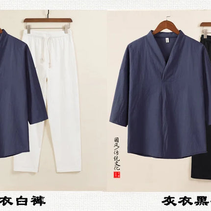 Set da due pezzi da uomo in cotone di lino confortevole (camicie + pantaloni) stile cinese retrò a maniche corte da uomo casual vestito di linguetta pantaloni Kungfu