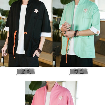 Nuova Camicia Giapponese da Samurai Ricamata in Cotone e Lino da Uomo, Vestibilità Ampia, Stile Retrò Tradizionale, Casual, Traspirante, Confortevole ed Elegante