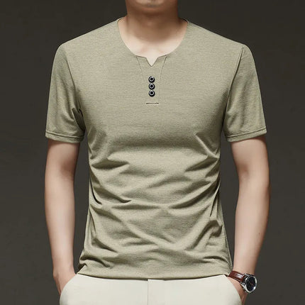 2025 New Men's Business Casual Three Button V-neck Short Sleeved T-shirt Korean Style Summer Comfortable Versatile Top PlatiNum
