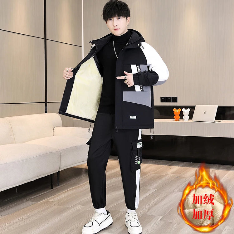 Men's Casual Wool Lined Thickened Hooded Set Fashionable Warm Sweatshirt Jacket Trendy Autumn Winter Men 2 Piece