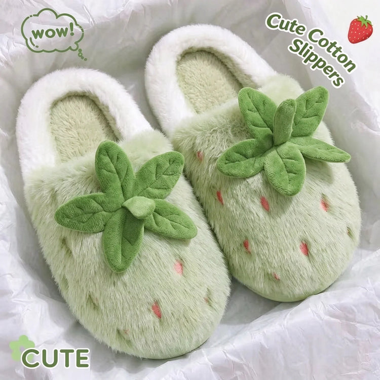 Women's Cotton Slippers Cute Strawberry Furry Fur House Winter Warm Plush Fluffy Slippers Women Chunky Sole Platform GirlsShoes