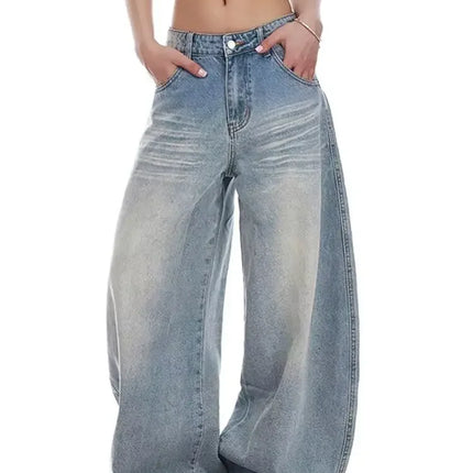 Jeans Casual Vintage Y2k con Ricami, Blu, Vita Alta, Gamba Larga, Stile Americano Retrò Anni '90