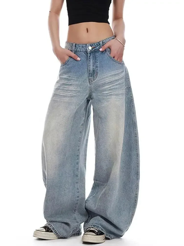 Jeans Casual Vintage Y2k con Ricami, Blu, Vita Alta, Gamba Larga, Stile Americano Retrò Anni '90