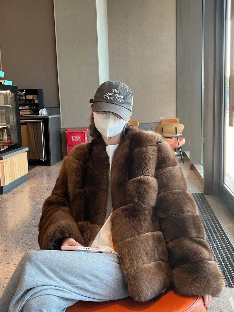 ZADORIN New Winter Faux Mink Coat Woman Elegant V Neck Long Sleeve Brown Faux Fur Coat Luxury Furry Jacket Woman Clothes Fur Top