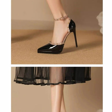Sandali Nude con Punta a Spillo e Fibbia da Donna, Tacco Sottile Estivo, Impermeabili, con Plateau, Comodi, con Rivetti, in Pelle Sintetica platinumshop