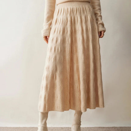Women Cashmere Skirt A-Line Jacquard Elastic Waist Flared Skirt Autumn Winter 100% Cashmere Knitted Office Lady Curled Hem Dress PlatiNum