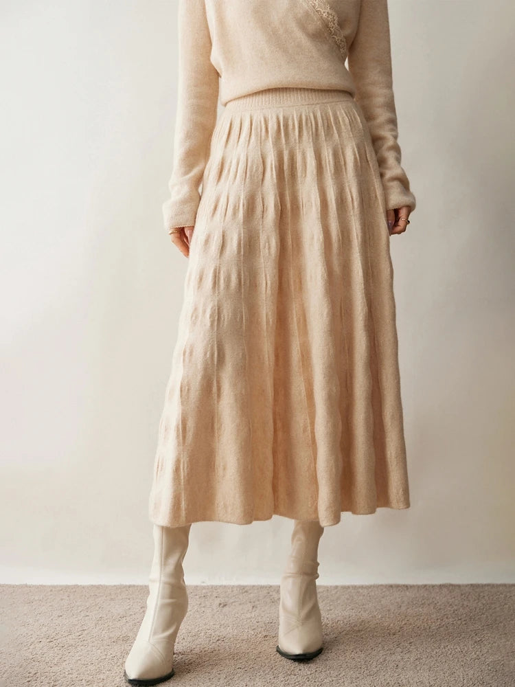 Women Cashmere Skirt A-Line Jacquard Elastic Waist Flared Skirt Autumn Winter 100% Cashmere Knitted Office Lady Curled Hem Dress PlatiNum