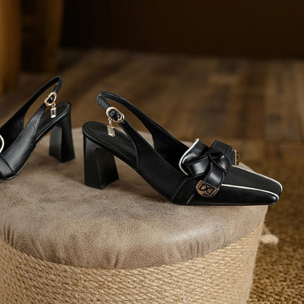 【JOCHEBED HU】2026 New Summer Retro Women's High Heels Thick Heel Square Toe Back Empty Shoes Trend 33-46