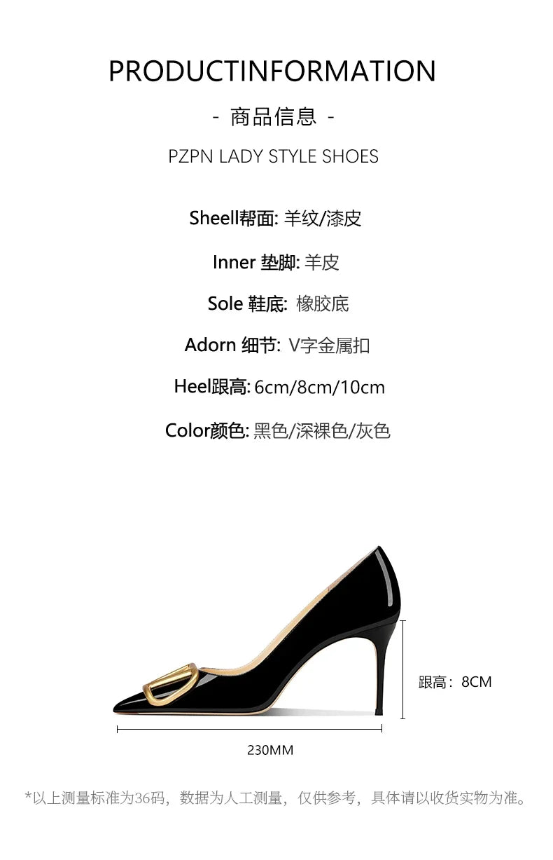 Fashion Gray Bright High Heeled Pumps with V Buckle Spring Summer Sandals Pointed Toe Genuine Leather Heels