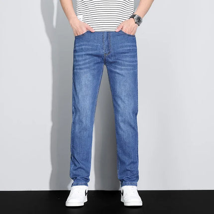 Men's Ice Silk Denim Cargo Pants Summer New Thin Business Casual Jeans Outdoor Y2K All Match Slim Fit Straight Elastic Jean Male