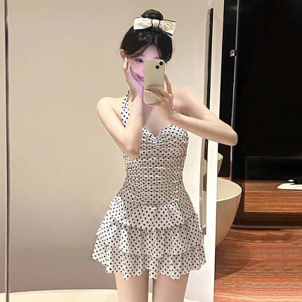 Costume da bagno intero estetico da donna con scollo all'americana, fantasia a pois, corpetto arricciato e gonna a balze, stile Kawaii Lolita platinumshop