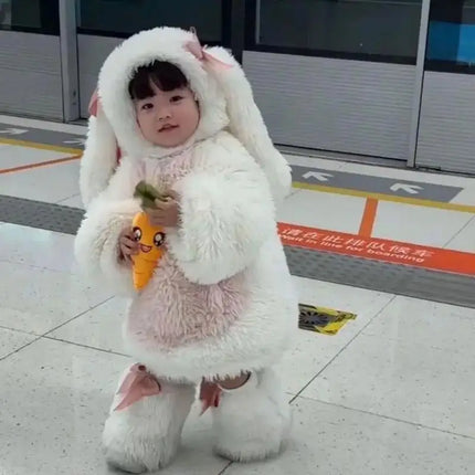 Cartoon Children Plush Rabbit Cosplay Costume Kawaii Kids Winter Warm Sets Top Pants Hat Suit Girl Halloween Party Outfits Gift