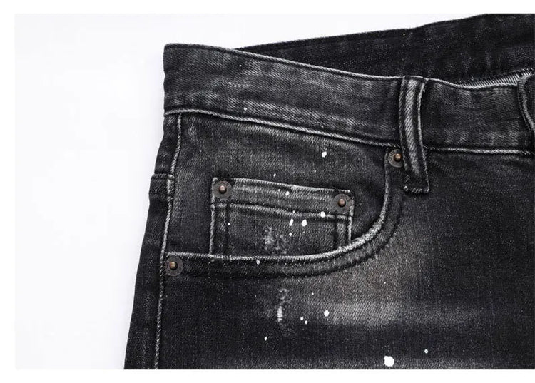 Street Designer Fashion Men Jeans High Quality Retro Black Gray Stretch Slim Fit Ripped Jeans Men Brand Vintage Y2K Denim Pants PlatiNum
