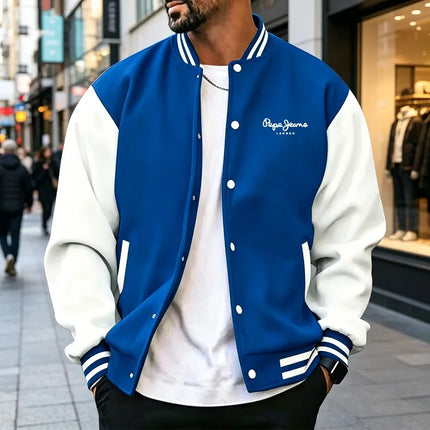 Men's color blocked sports baseball jacket, trendy letter printed loose fit baseball jacket, casual street sports jacket, spring