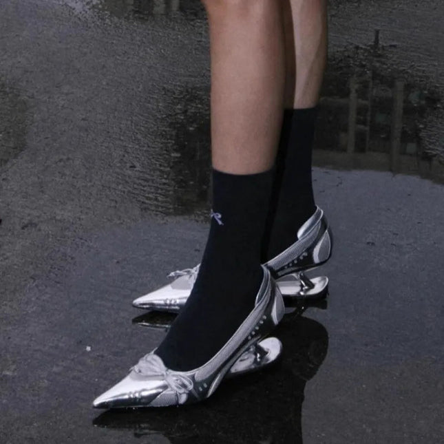Special Heel Spliced Heels Pointed Toe Heels Women's Fashion Shallow Mouth Bow Non-Slip Mary Jane Single Shoes PlatiNum