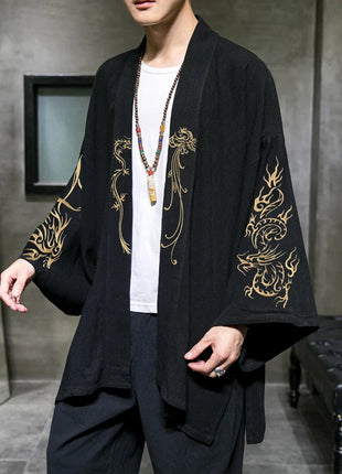 Trench da uomo ricamato in cotone Hanfu Lino Abito stile cinese Giacca cardigan Casual Kimono oversize 5XL Cappotto antico maschile
