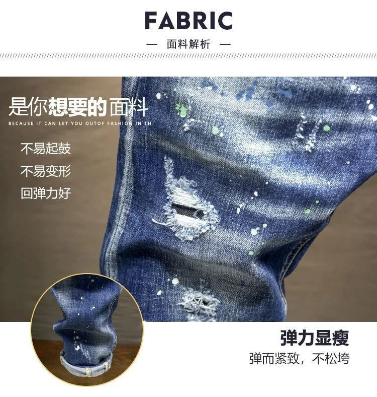 Spring and Autumn New Fashion Trend Ripped Retro Straight Leg Blue Jeans Men's Casual Loose Comfortable Breathable Denim Pants PlatiNum