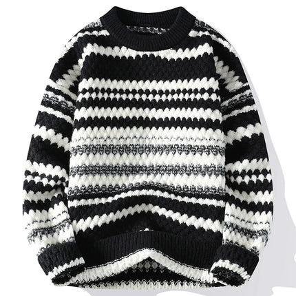 Winter Men's Loose Pullover Male Slim Fit Fashion Knitted Sweater Man Thick Warm Pull Homme Retro Stripe Sweaters