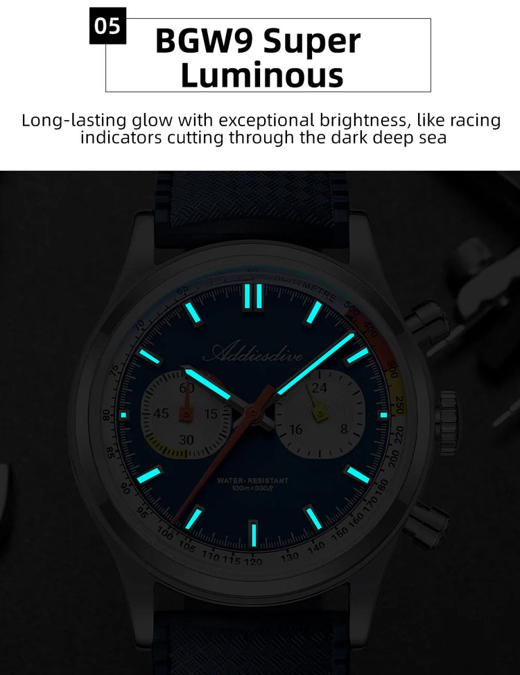 ADDIESDIVE reloj Men Watch 0S21 Chronograph 10Bar Waterproof 38mm AD2549 Fluorocarbon Rubber BGW9 Super Luminous Quartz Watch