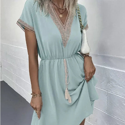 Abito corto longuette da spiaggia femminile con scollo a V in pizzo a maniche corte tinta unita estivo Abiti eleganti da donna in tinta unita bianco dolce platinumshop
