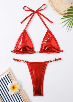 Micro Bikini Rosa Lucido da Donna, Sexy con Perle in PU, Push-Up, Perizoma, Costume da Bagno Estivo, con Lacci, per Vacanze PlatiNum