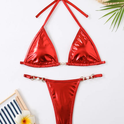 Micro Bikini Rosa Lucido da Donna, Sexy con Perle in PU, Push-Up, Perizoma, Costume da Bagno Estivo, con Lacci, per Vacanze PlatiNum