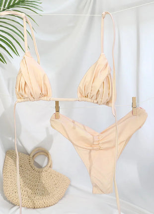 Set Bikini Sexy con Pieghe, Micro Bikini Tinta Unita, Costume da Bagno Femminile a Triangolo, Abbigliamento da Spiaggia platinumshop
