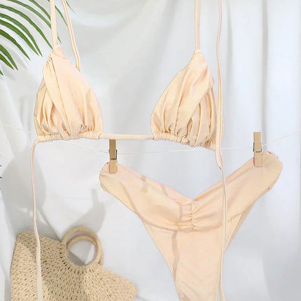 Set Bikini Sexy con Pieghe, Micro Bikini Tinta Unita, Costume da Bagno Femminile a Triangolo, Abbigliamento da Spiaggia platinumshop