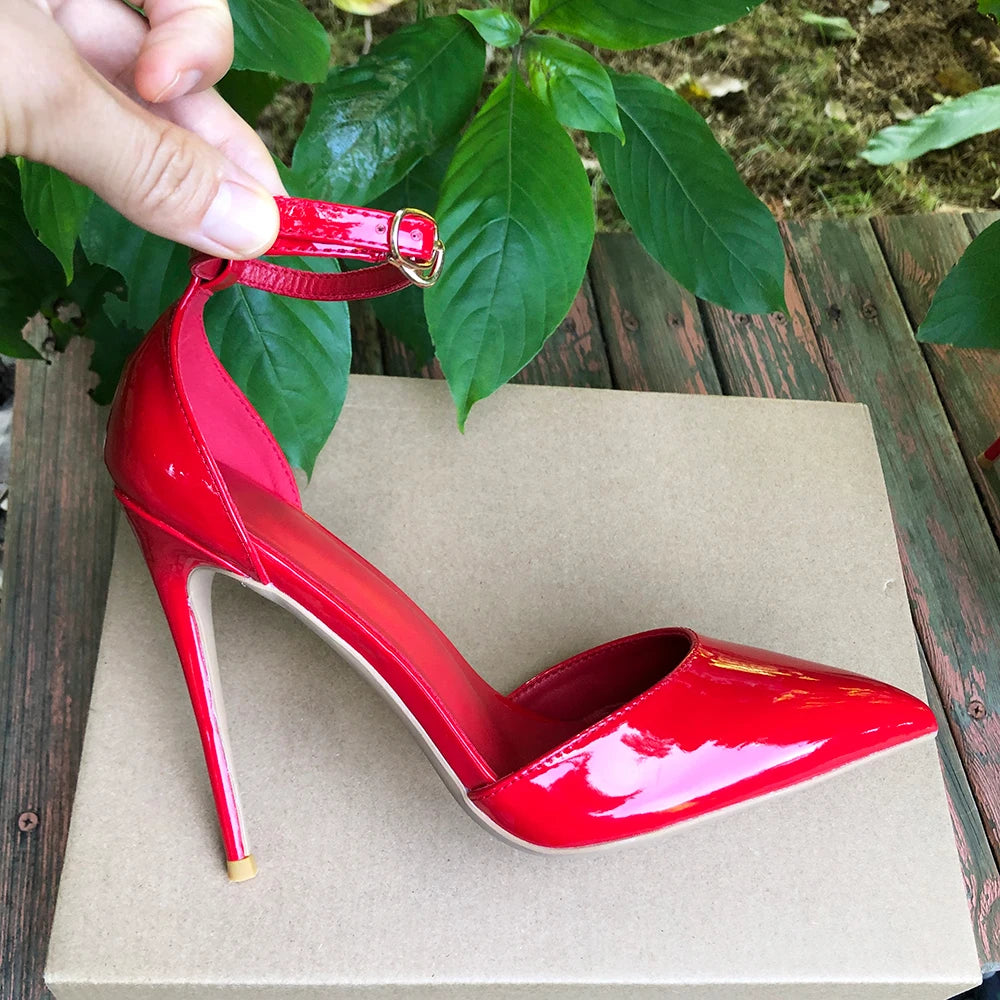 Tikicup Black Patent Pointed-Toe Stiletto Pumps Ankle Strap Elegant High Heel Dress Shoes for Women Evening Events, Office