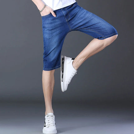 2026 Pantaloncini Casual da Uomo in Denim Cotone Elastico Dritti di Alta Qualità al Ginocchio Jeans Classici Vintage Moda Blu